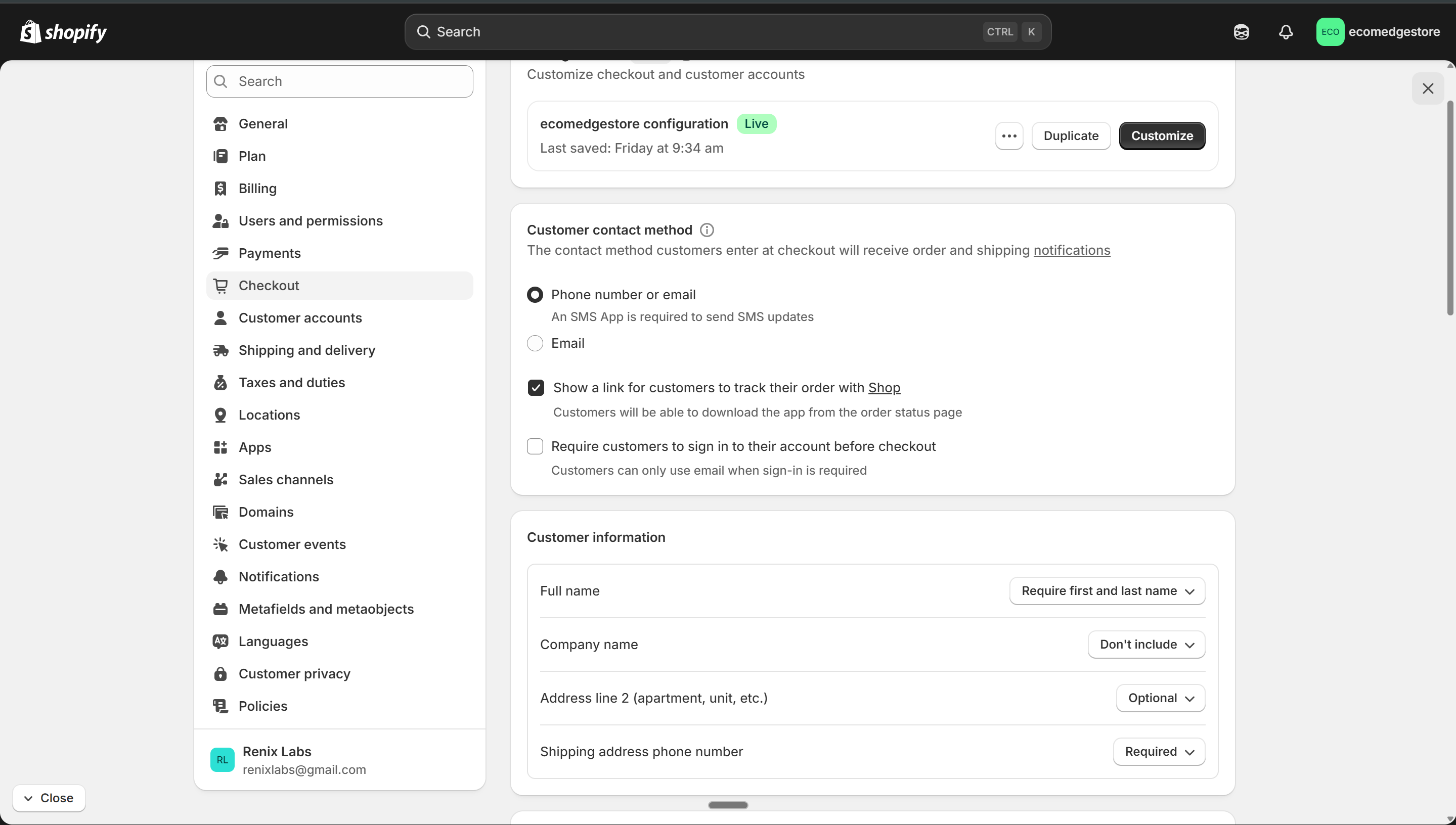 Checkout settings — contact method, name, phone